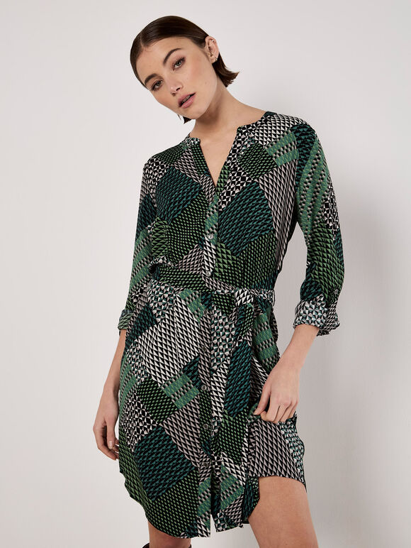 Geo Patchwork Shirt Mini Dress, Green, large