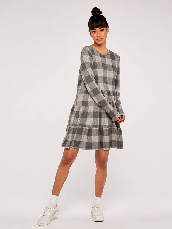 Check Print Cozy Tiered Dress, Grey, large