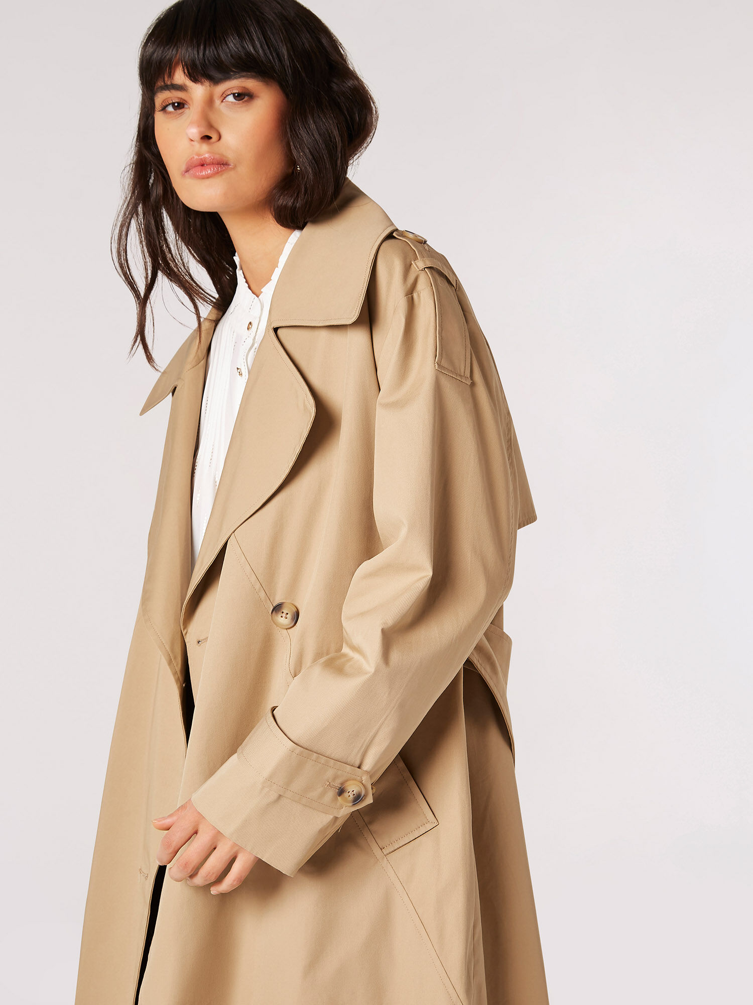 Longline Belted Trench Coat Apricot Clothing