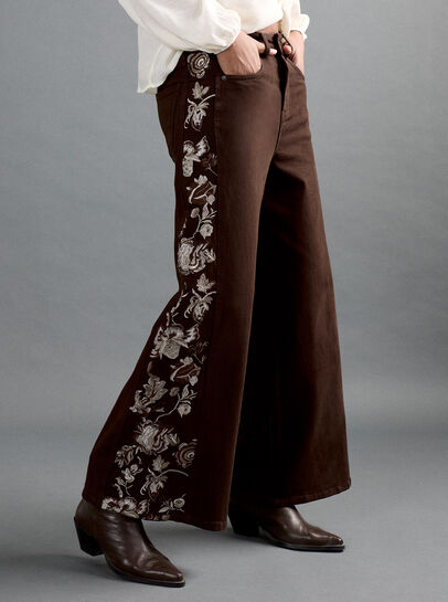 Floral Embroidered Wide-Leg Jeans
