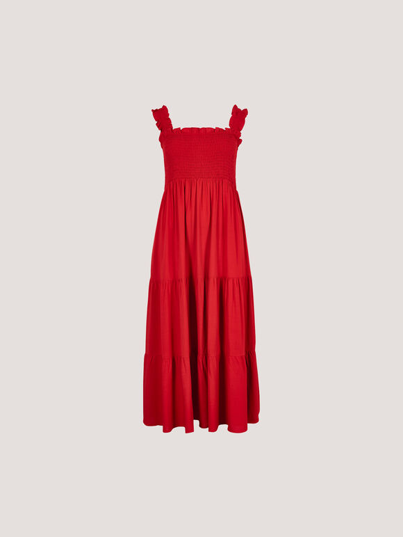 Smock Tiered Midi Dress, Red, large