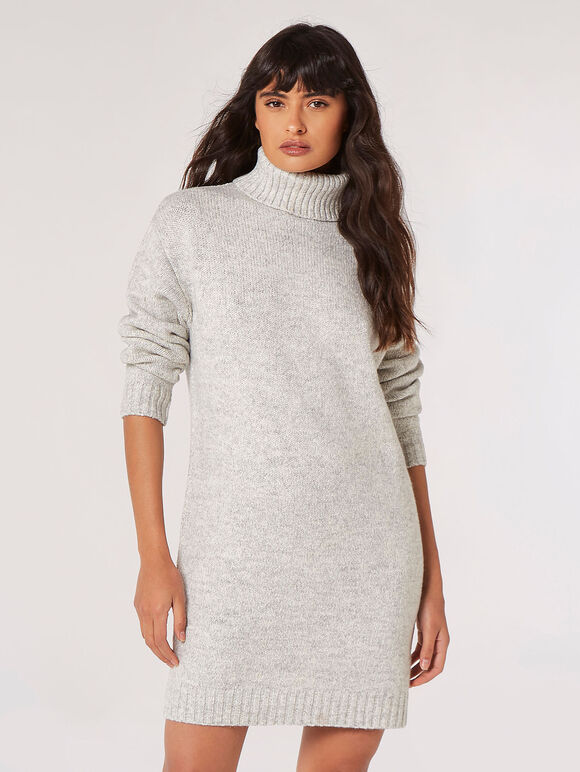 Grey Basic Roll Neck Knit Sweater Dress