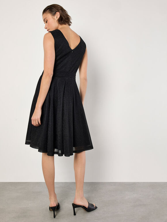 Metallic Pleat Skater Mini Dress, Black, large
