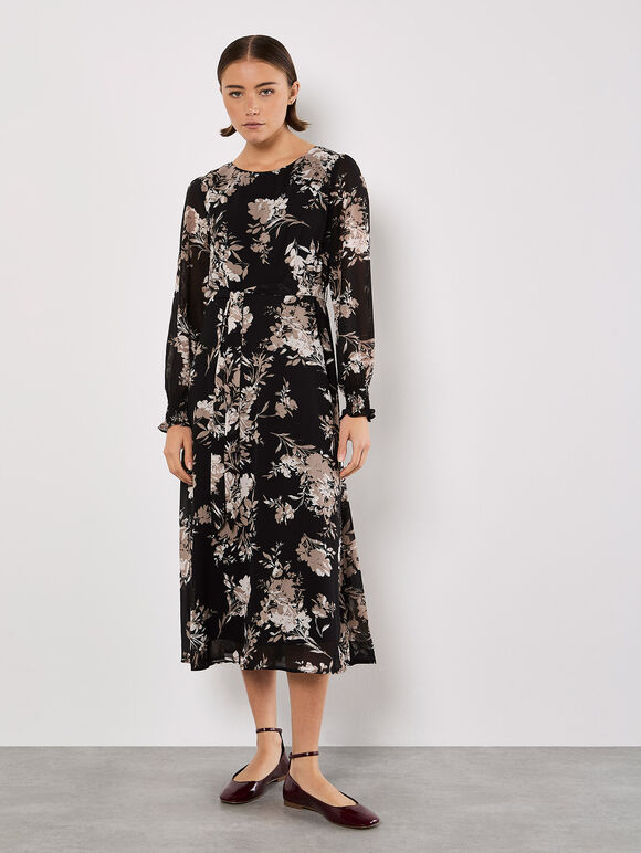 Silhouette Floral Chiffon Midaxi Dress, Black, large
