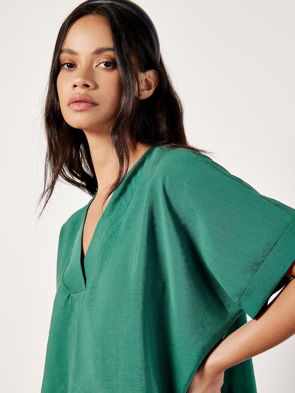 Pleat Detail V-Neck Top, Green, large