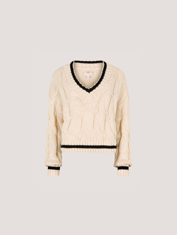 Cropped Cable Cricket Jumper, Stone, large