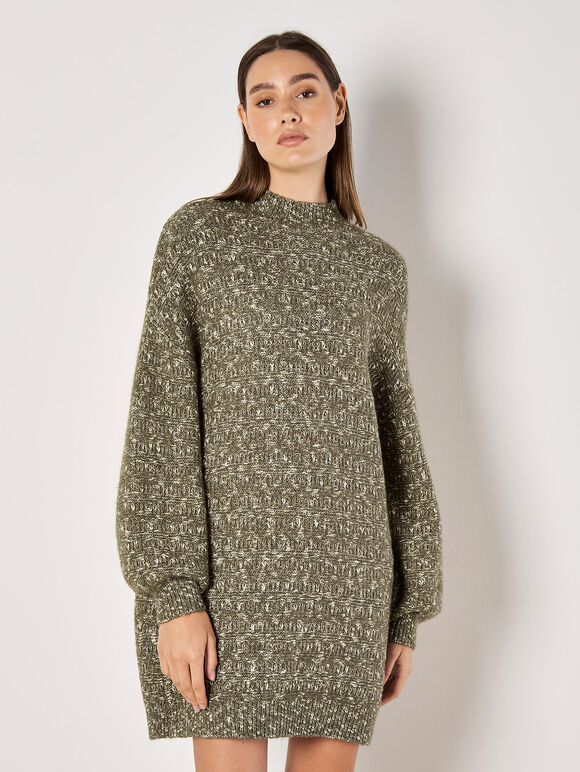 Flecked Knit Jumper Mini Dress, Khaki, large