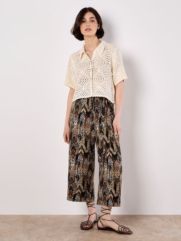 Chevron Print Culotte Trousers, Khaki, large