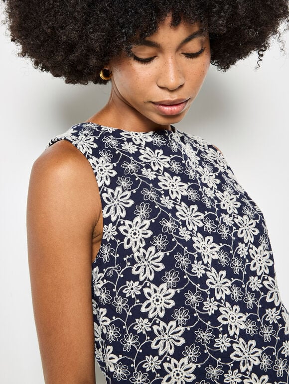 Floral Embroidered Shell Top, Navy, large