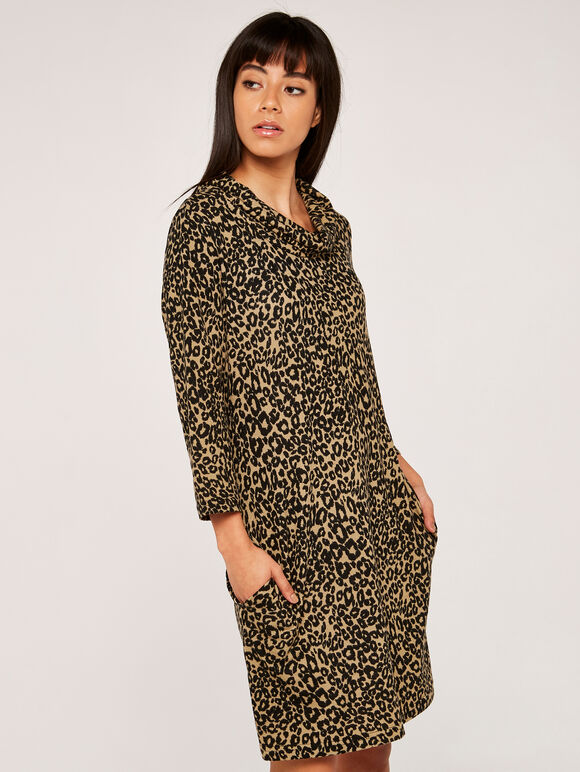Leopard Print Flap Neck Swing Dress, Stone, large
