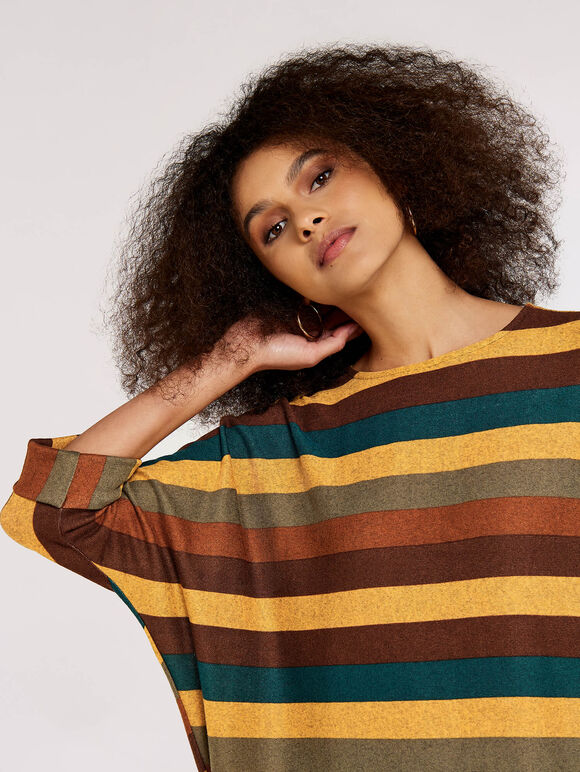 Striped Cocoon Batwing Dress, Khaki, large