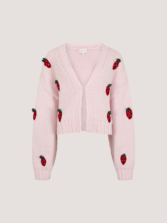 Chunky Knit Strawberry Cardigan, Pink, large