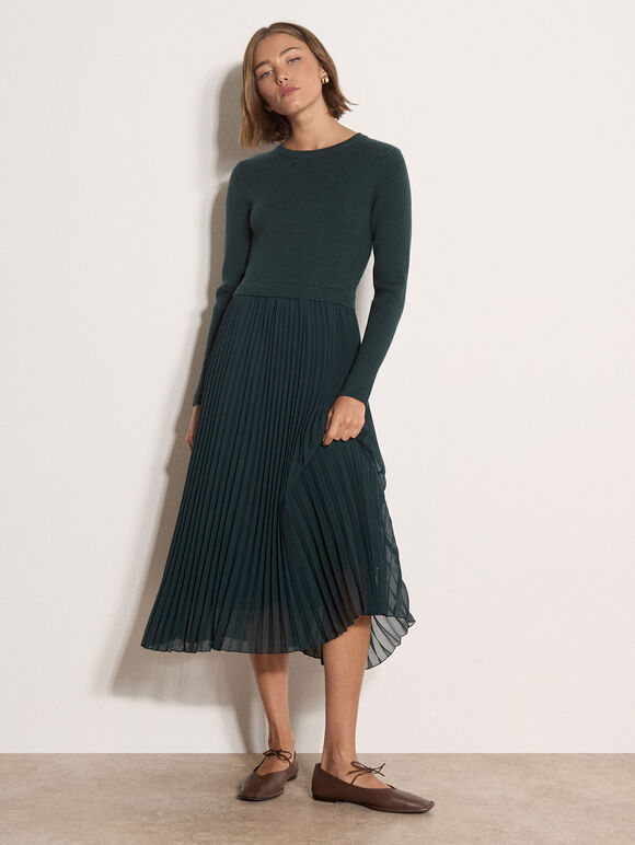 Ribbed Knit Midi Dress, Green, large