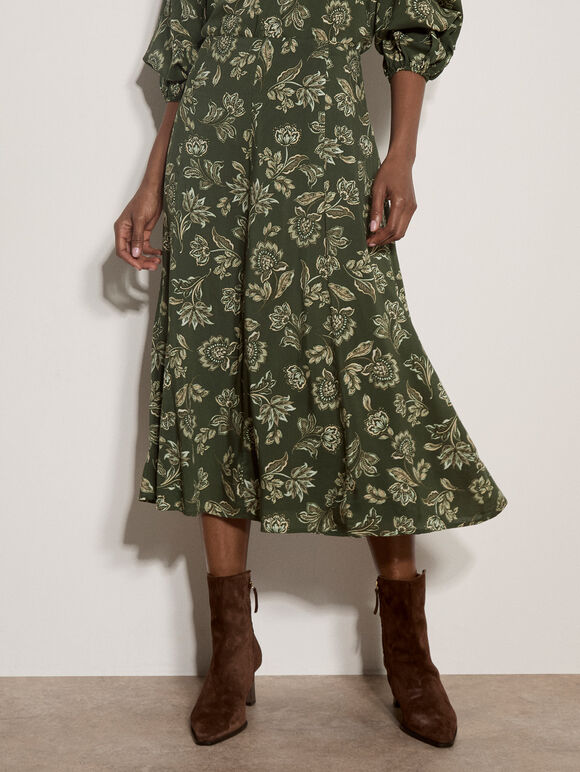 Folk Floral A-Line Midi Skirt, Green, large