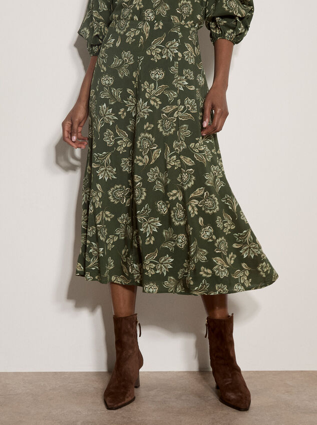 Folk Floral A-Line Midi Skirt, Green, large