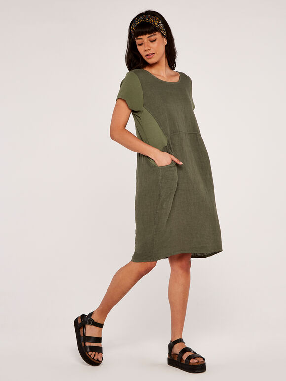 Linen Cocoon Round Neck Dress, Khaki, large