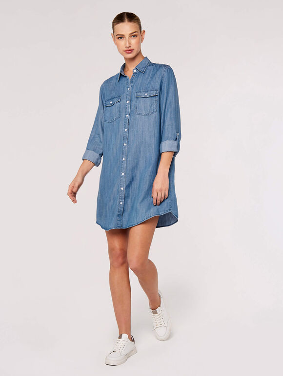Denim Shirt Mini Dress, Blue, large