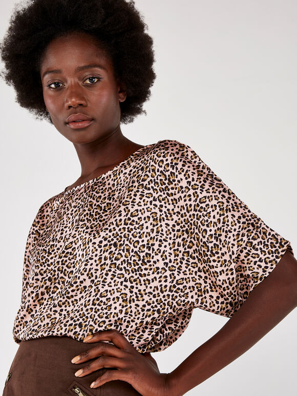 Leopard Oversized Tee Satin Top, Pink, large