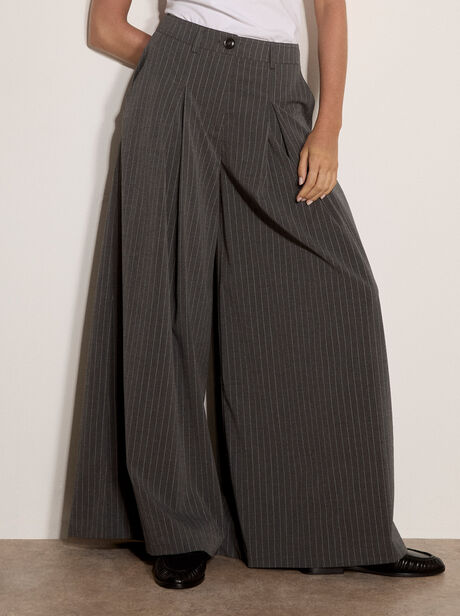 Wide-Leg Pleat Pinstripe Trousers