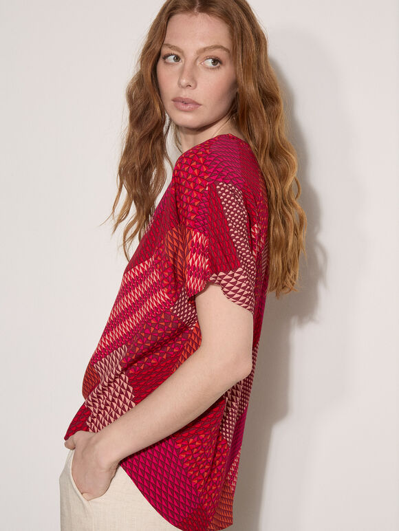 Geometric Patchwork Textured T-Shirt, Fuchsia, large