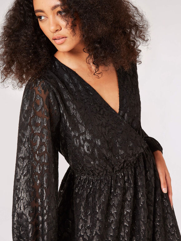 Metallic Animal Chiffon Mini Dress, Black, large