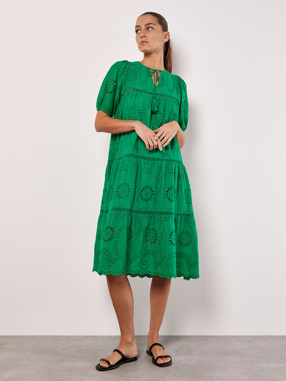 Cotton Broderie Tiered Midi Dress, Green, large