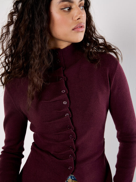 Button-Down Pleat Knit Top, Burgundy, large