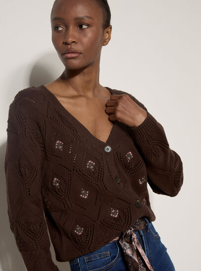 Pointelle Diamond Floral Cotton Blend Cardigan