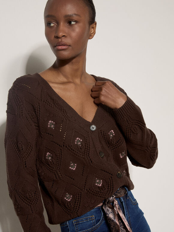 Pointelle Diamond Floral Cotton-Blend Cardigan, Brown, large