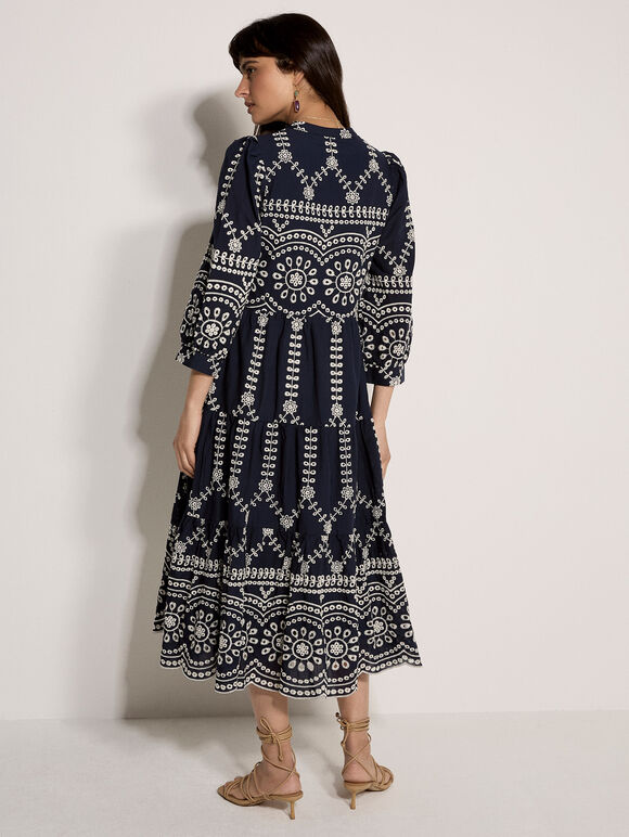 Floral Broderie Anglaise Midi Dress, Navy, large