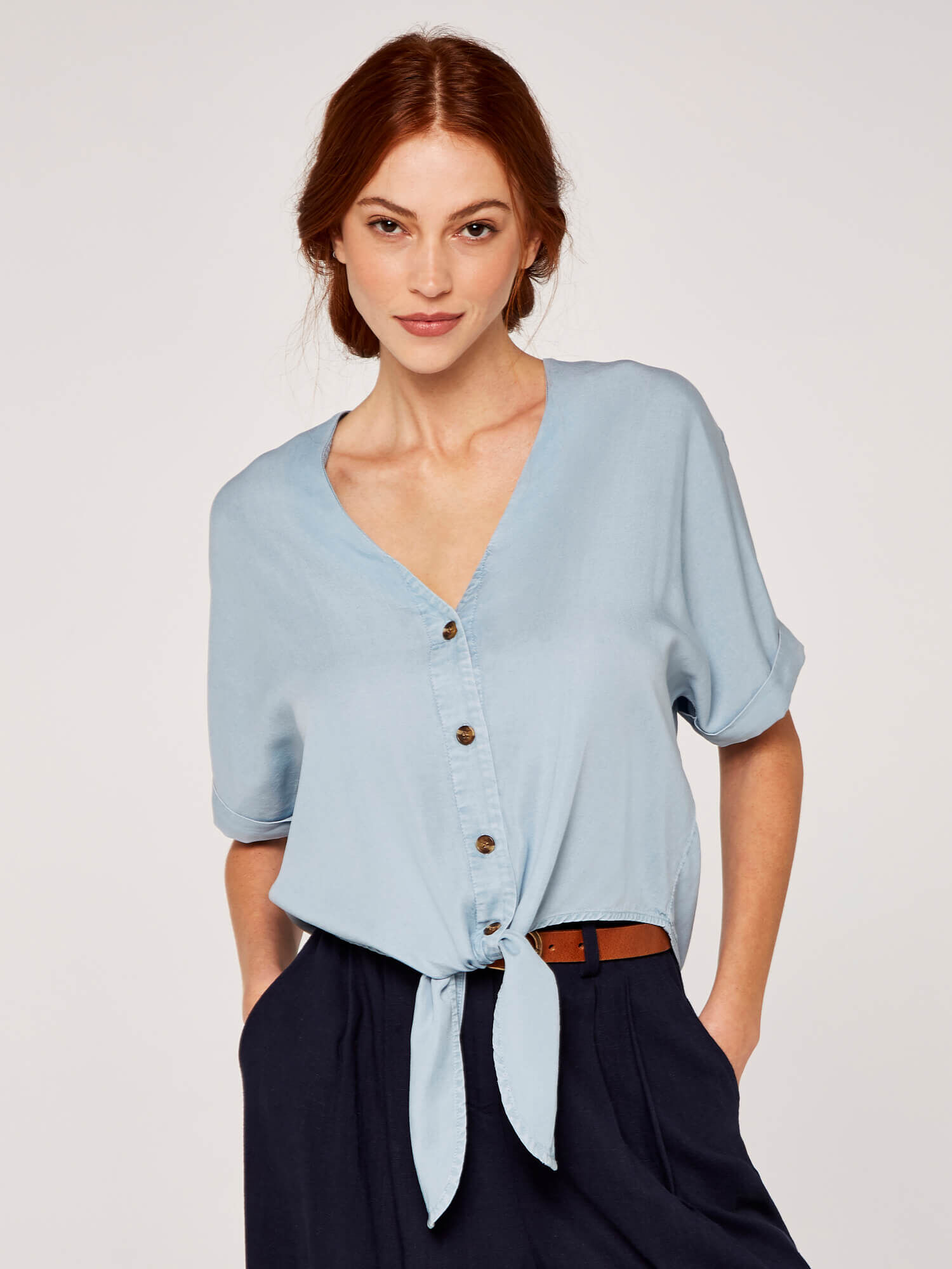 Button Tie Front Top Apricot Clothing