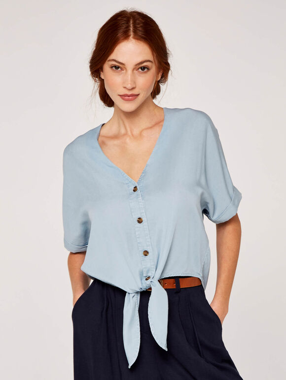 Button Tie Front Top, Blue, large
