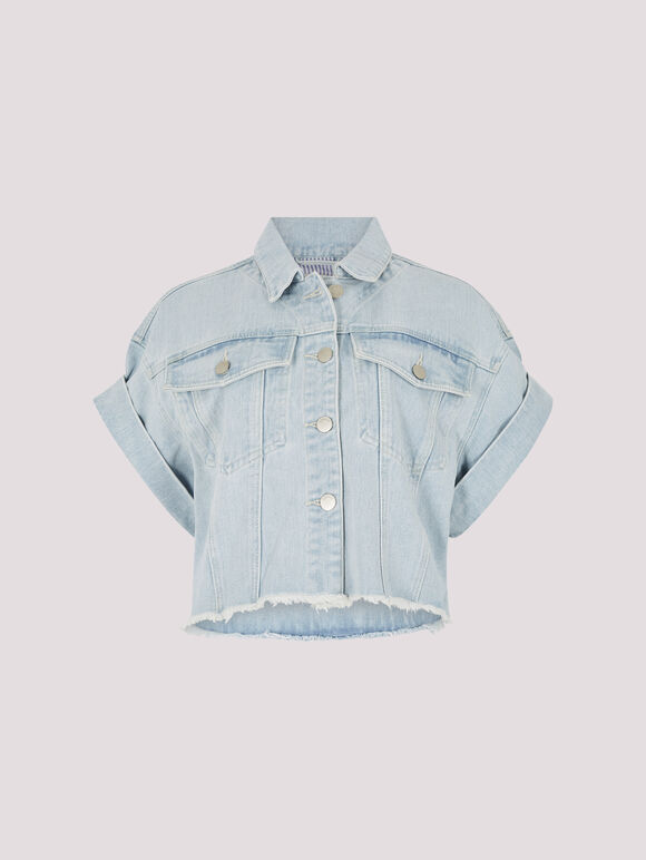 Short Sleeve Cropped Denim Jacket, Blue, large