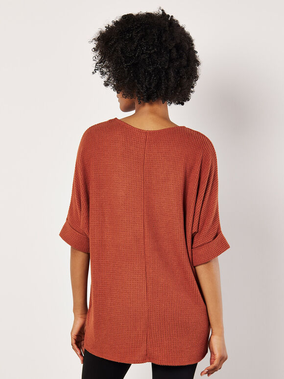Soft-Touch Batwing Waffle Knit Top, Rust, large