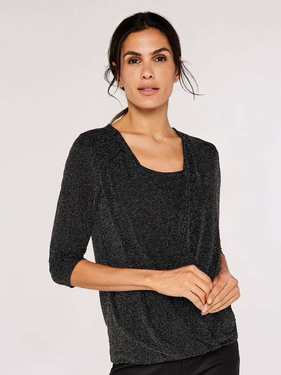 Metallic Sparkle Wrap Top, Black, large