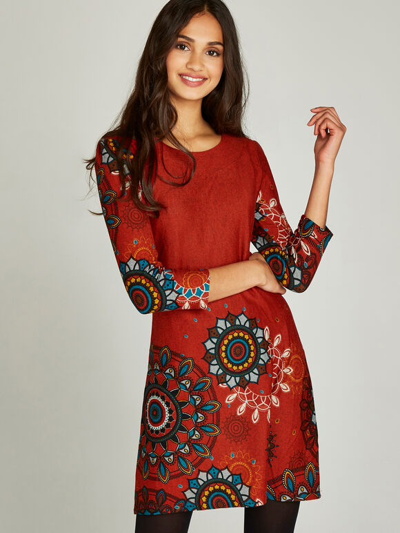 Kaleidoscope Tribal Border Dress, Red, large