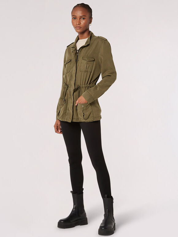 Drawstring Waist Utility Jacket, Green, large