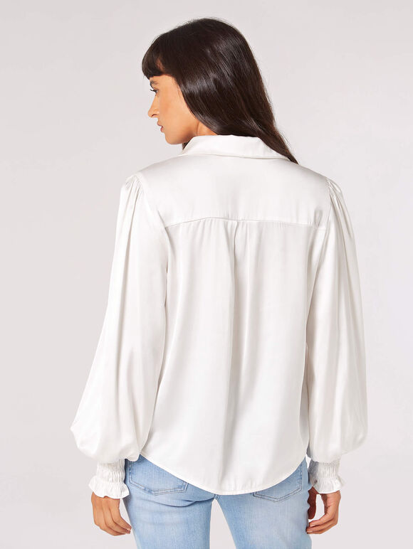 Balloon Sleeve Satin Shirt, White, large
