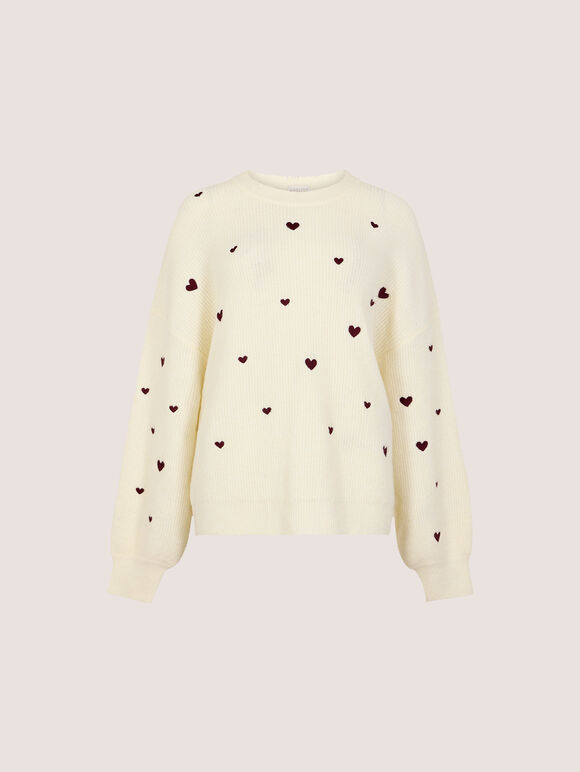 Embroidered Heart Jumper, Cream, large
