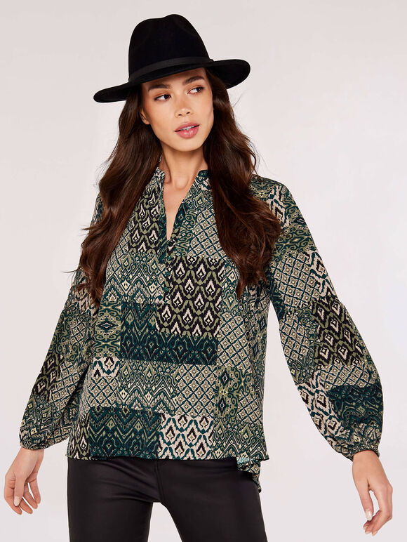 Ikat patchwork Blouse, Green, large