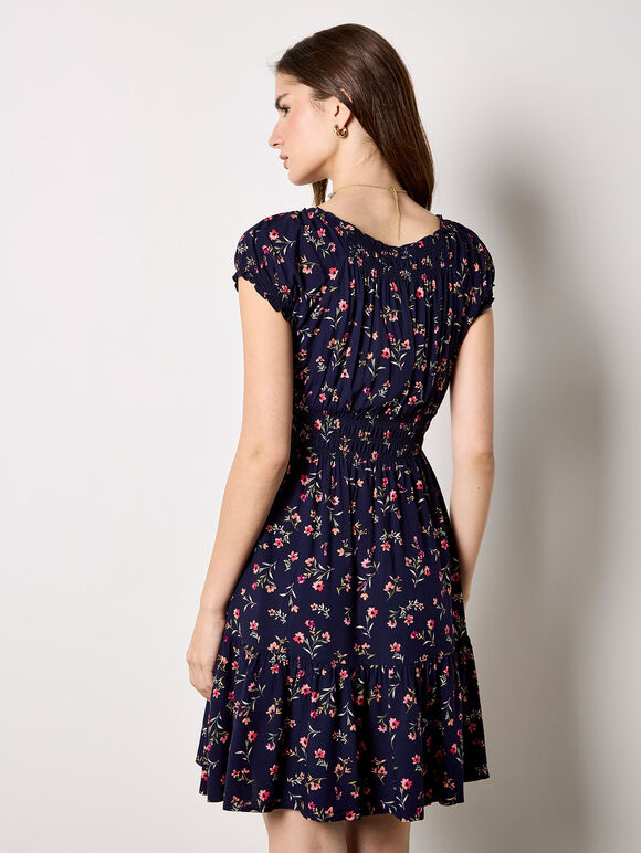 Smocked Floral Print Mini Dress, Navy, large
