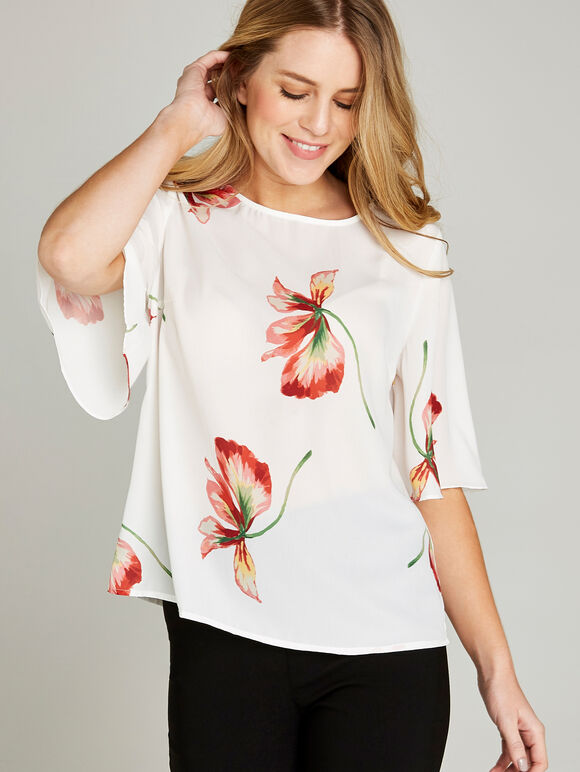 Red Kimono Sleeve Scattered Flower Top, Orange, large
