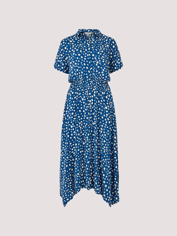 Painterly Dot Smocked Midi Dress, Blue, large