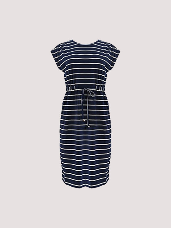 Stripe Drawstring Waist Mini Dress, Navy, large