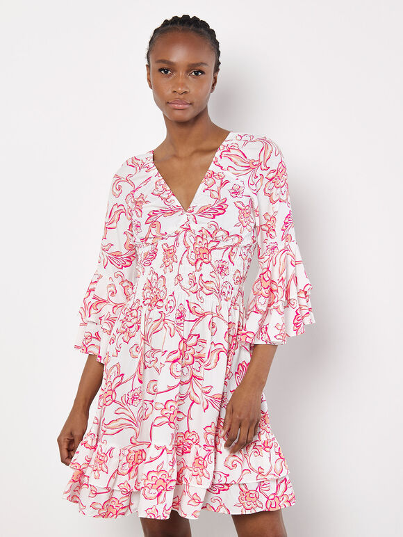 Floral Smocked Ruffle Mini Dress, Pink, large