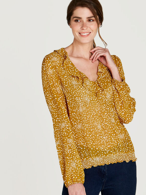 Star Print Ruffle Detail Blouse, Mustard, large