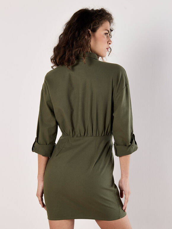 Fitted Twill Shirt Mini Dress, Khaki, large