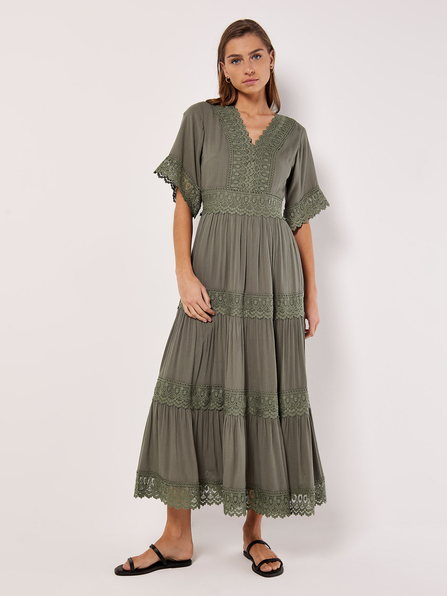 Crochet Detail Tiered Maxi Dress Apricot Clothing