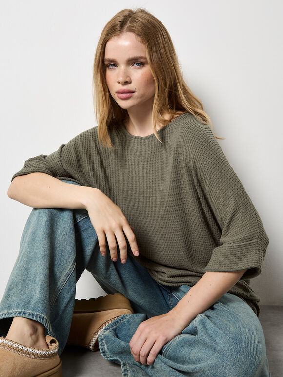 Soft-Touch Batwing Waffle Knit Top, Khaki, large