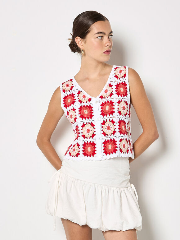 Crochet Squares Vest Top, Red, large